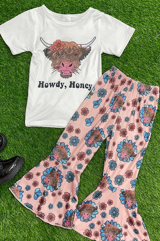 HOWDY HONEY' WHITE TEE  & FLORAL BELL BOTTOMS