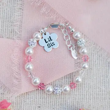 Sterling Silver Little Sister Bracelet with Flower Baby Gift