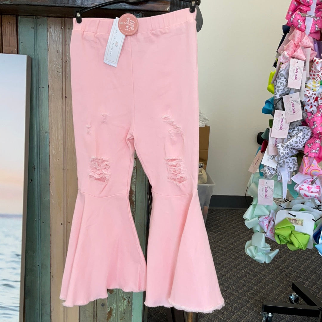 BARBIE PLEATED DENIM BELL BOTTOMS - POWERPUFF DISTRESSED PINK