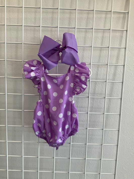 Purple polka dot bubble romper