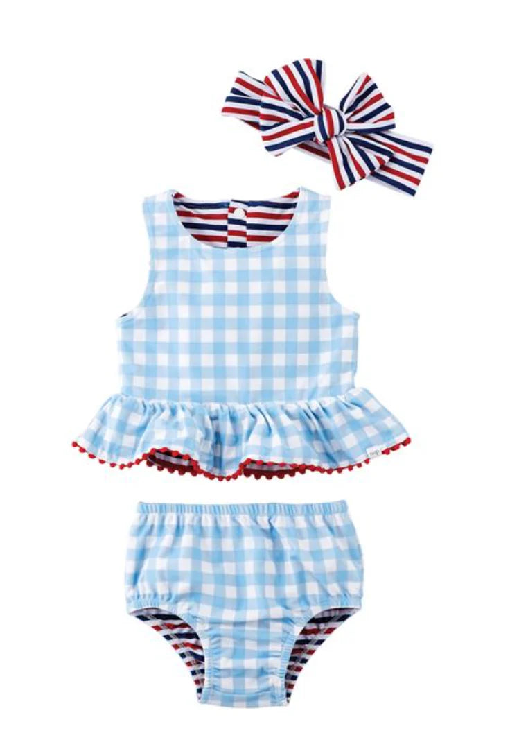 GINGHAM AND STRIPED REVERSIBLE SWIMSUIT AND HEADBAND