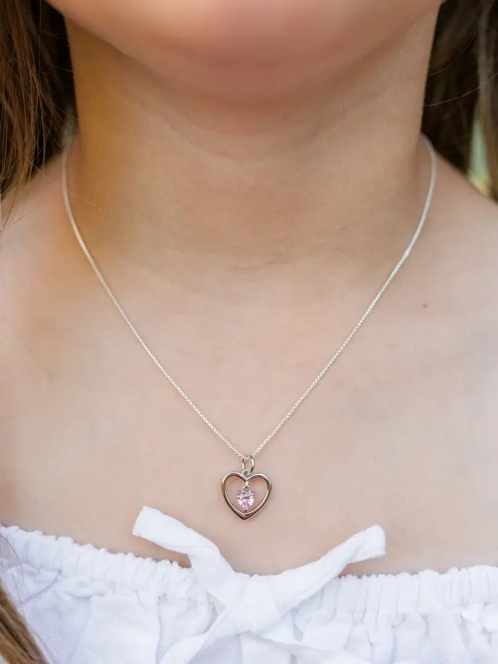 Sterling Silver Birthstone Dancing Heart Necklace for Girls