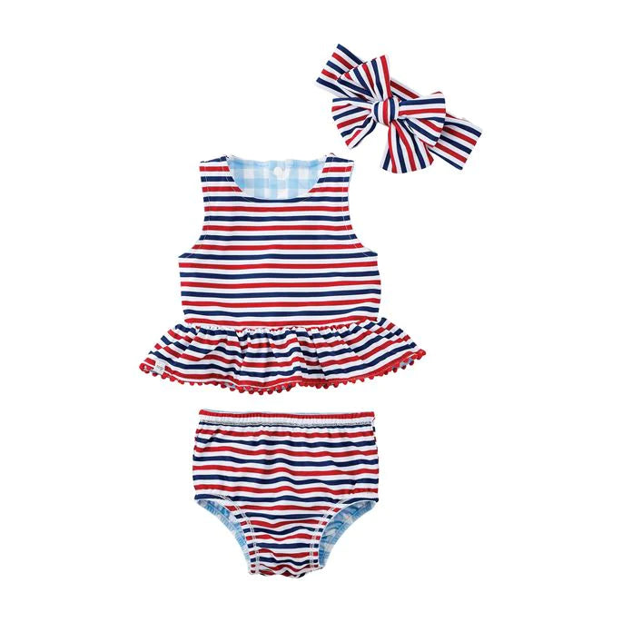 GINGHAM AND STRIPED REVERSIBLE SWIMSUIT AND HEADBAND