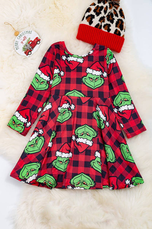 PLAID W/ GRINCH-CHARACTER PRINTED DRESS