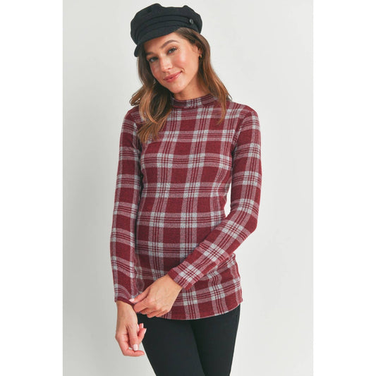 Plaid Mock Neck Long Sleeve Maternity Knit Top